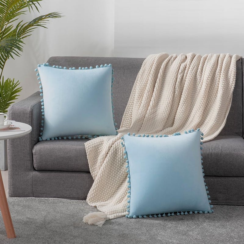 DEZENE Throw Pillow Cases 18x18 Light-Blue: 2 Pack Cozy Soft Pom-poms Velvet Square Decorative Pillow Covers for Farmhouse Home Decor - Image 5